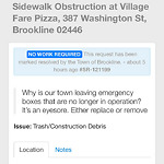 Sidewalk Obstruction at Village Fare Pizza, 387 Washington St, Brookline 02446
